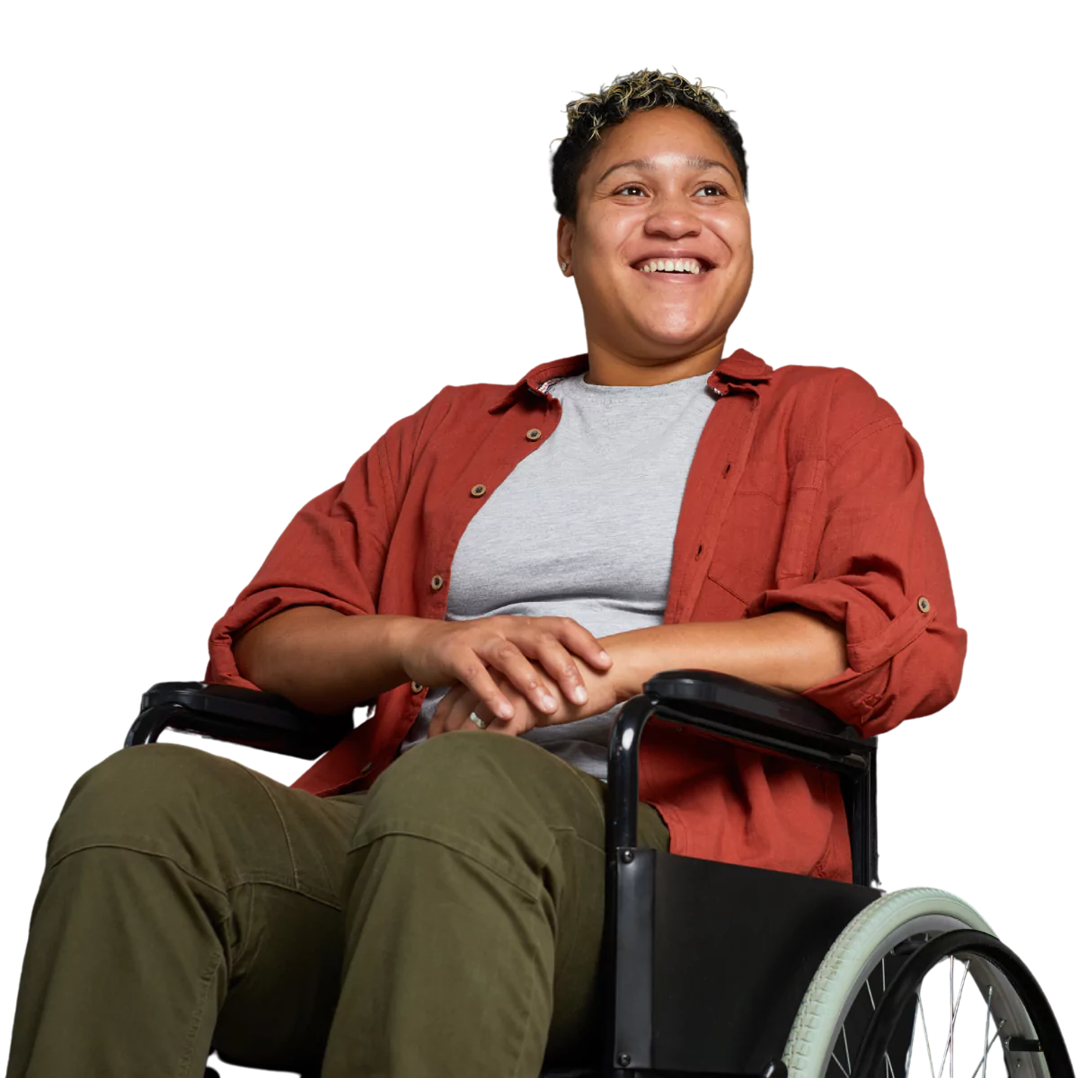 Disabled woman in a wheelchair smiling